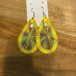 Yellow and Red Teardrop Earrings with Intricate Woven Design